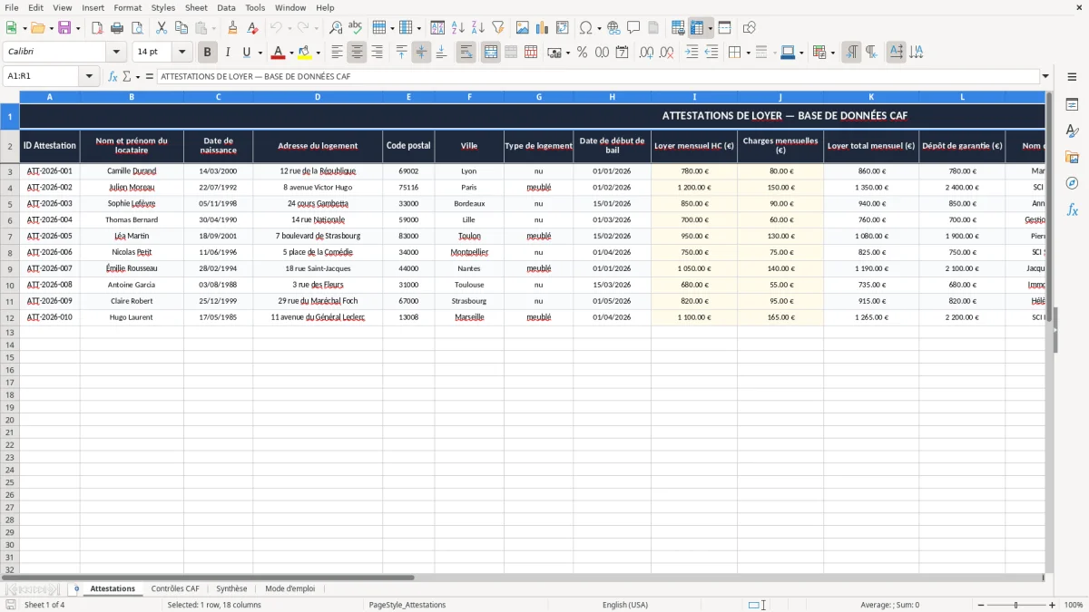 Capture 1 : onglet Attestations - Modèle Excel attestation de loyer pour la caf excel