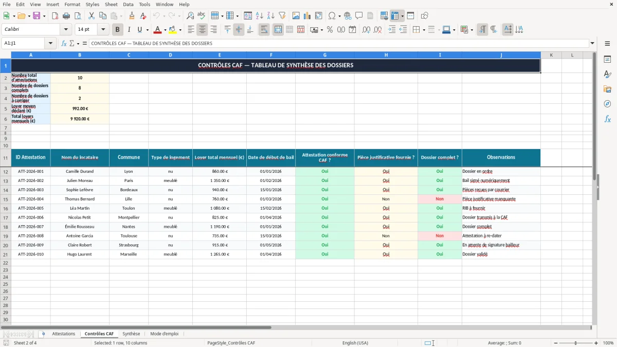 Capture 2 : onglet Contrôles CAF - Modèle Excel attestation de loyer pour la caf excel