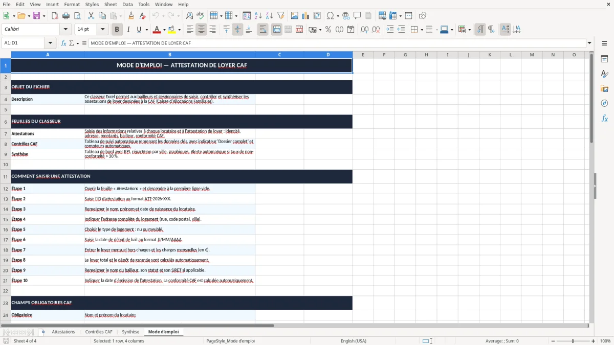 Capture 4 : onglet Mode d'emploi - Modèle Excel attestation de loyer pour la caf excel
