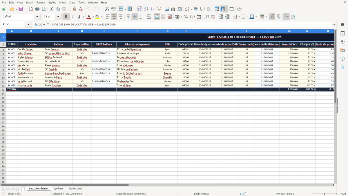 Capture 1 : onglet Baux_Residences - Modèle Excel bail de location vide non meuble excel