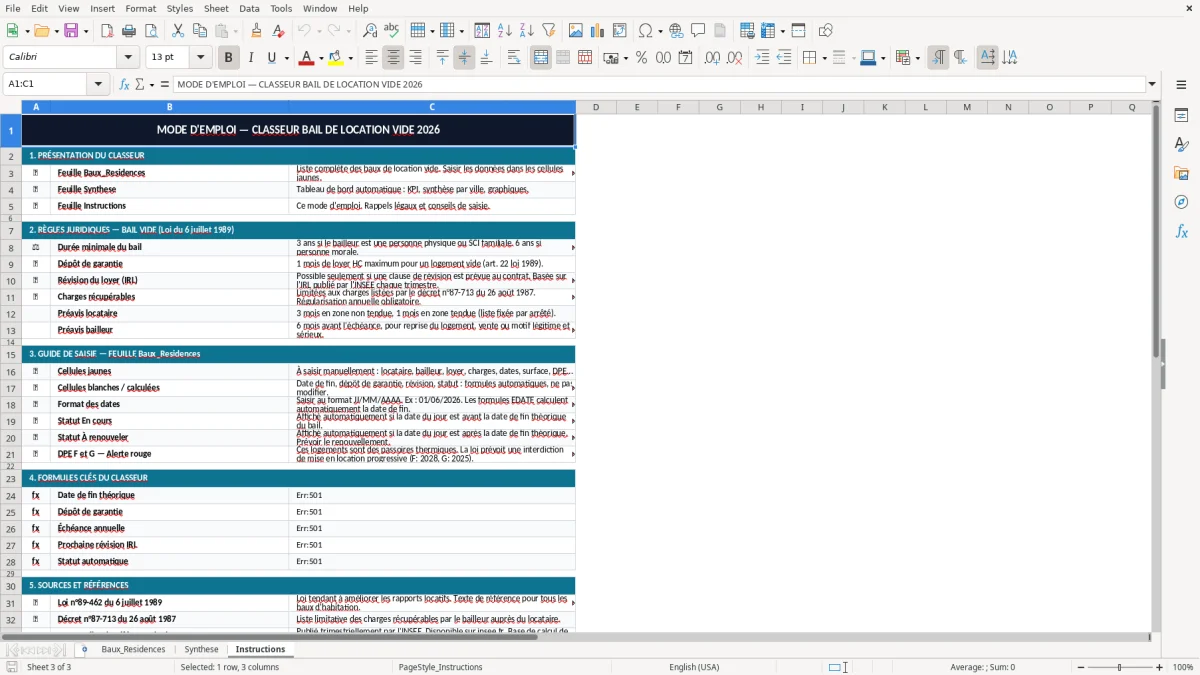 Capture 3 : onglet Instructions - Modèle Excel bail de location vide non meuble excel