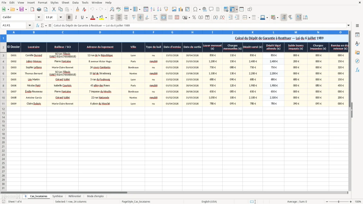 Capture 1 : onglet Cas_locataires - Modèle Excel calcul du depot de garantie a restituer excel