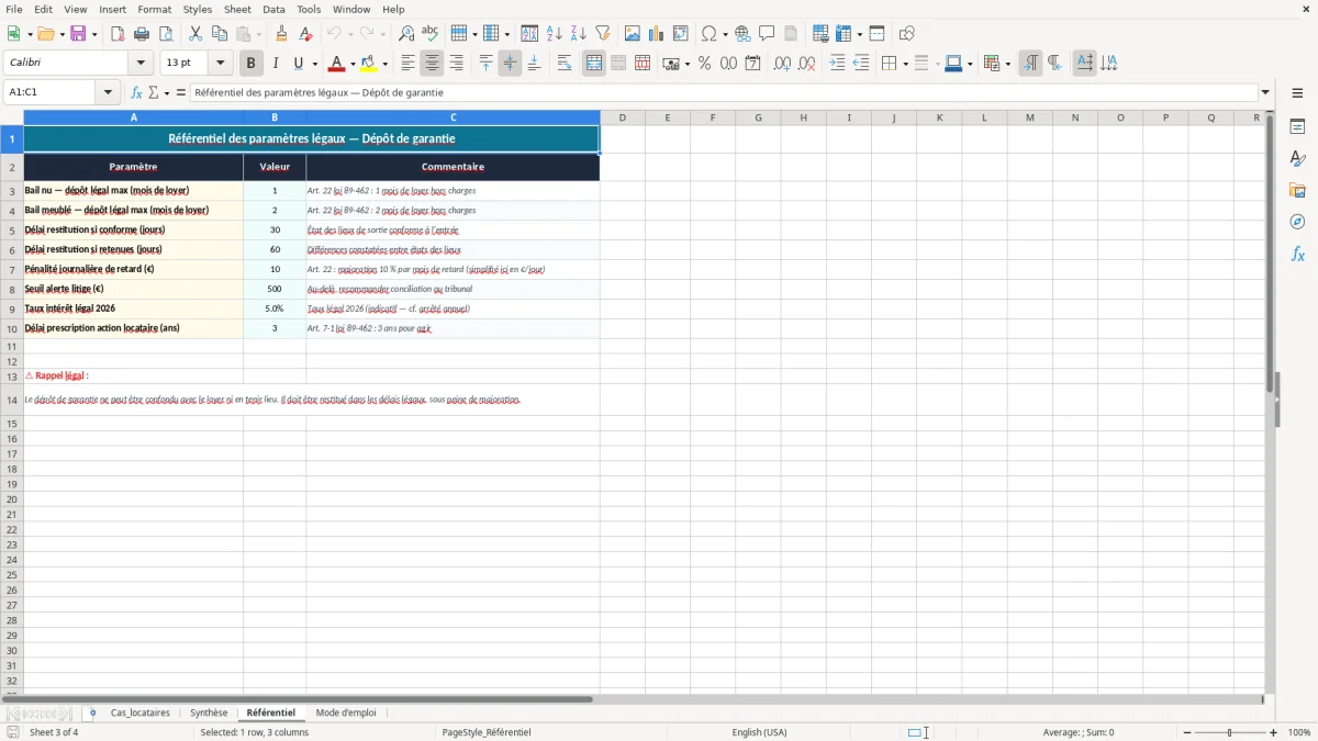 Capture 3 : onglet Référentiel - Modèle Excel calcul du depot de garantie a restituer excel