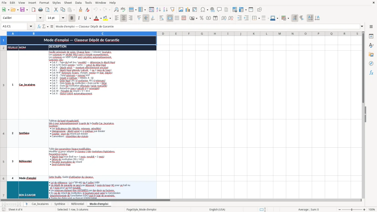 Capture 4 : onglet Mode d'emploi - Modèle Excel calcul du depot de garantie a restituer excel