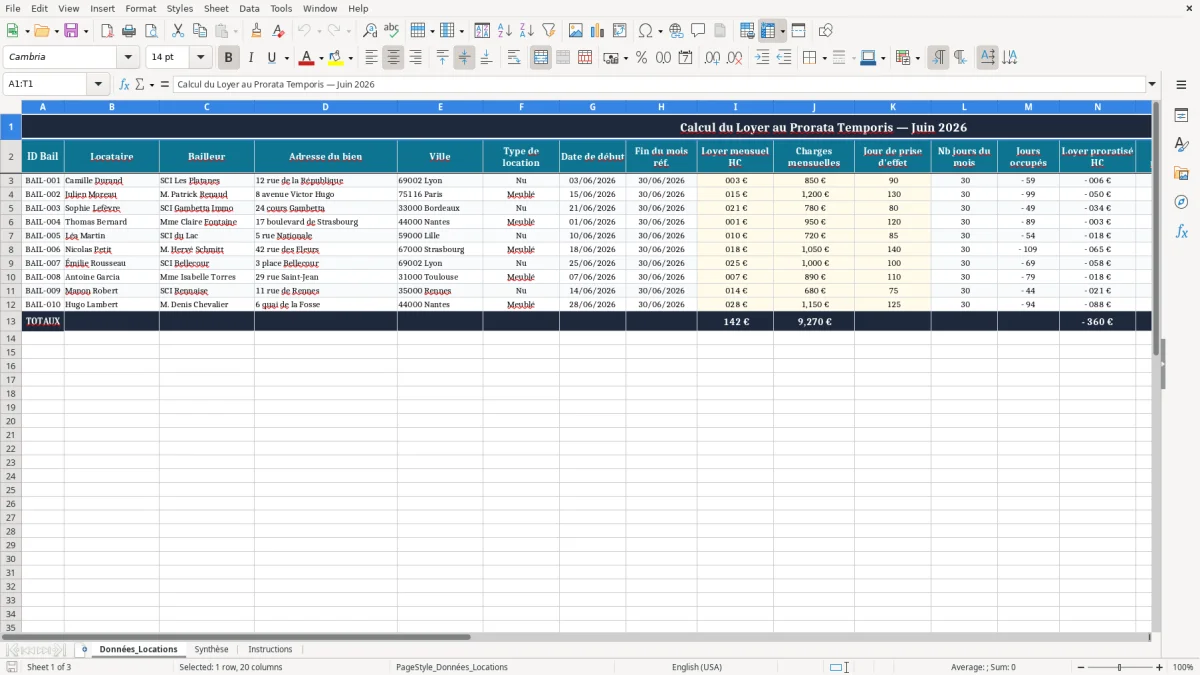 Capture 1 : onglet Données_Locations - Modèle Excel calcul du loyer au prorata temporis excel