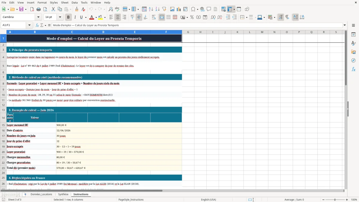 Capture 3 : onglet Instructions - Modèle Excel calcul du loyer au prorata temporis excel