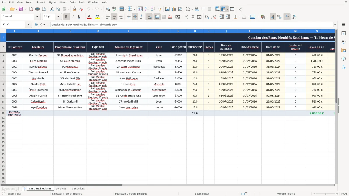 Capture 1 : onglet Contrats_Étudiants - Modèle Excel contrat de location meuble etudiant excel