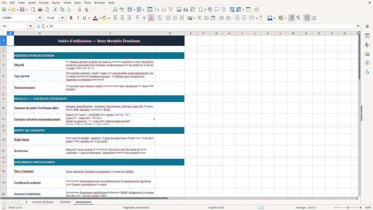 Capture 3 : onglet Instructions - Modèle Excel contrat de location meuble etudiant excel