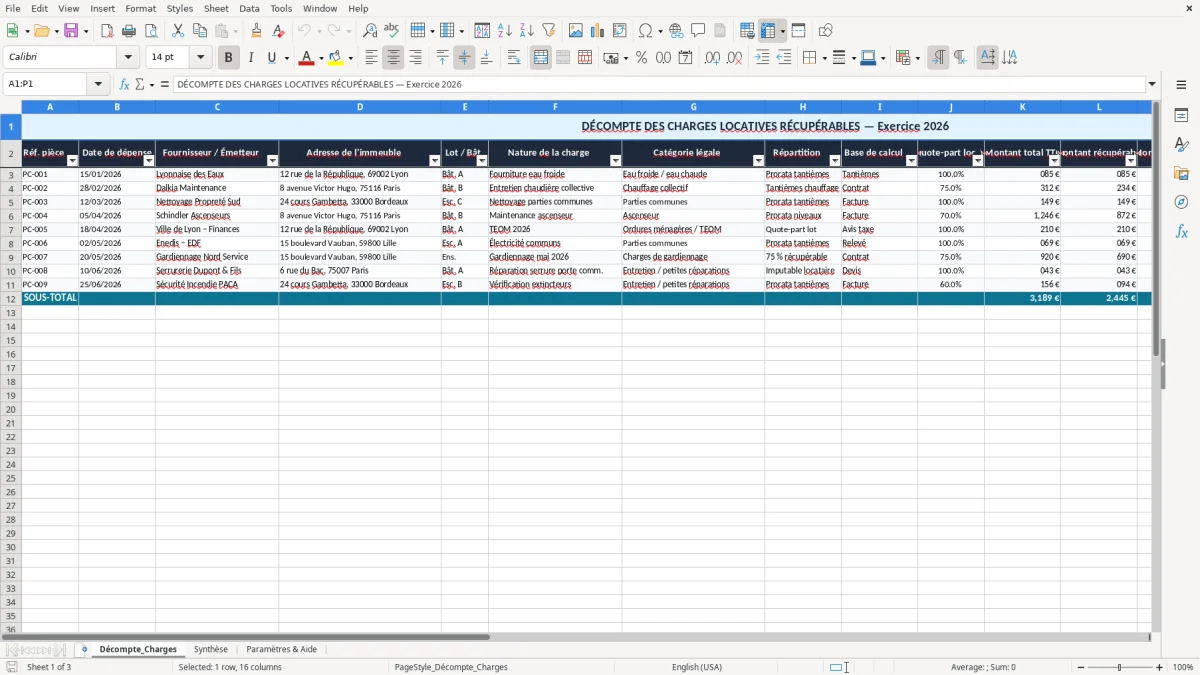 Capture 1 : onglet Décompte_Charges - Modèle Excel decompte de charges locatives recuperables excel
