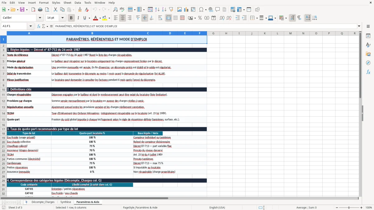 Capture 3 : onglet Paramètres & Aide - Modèle Excel decompte de charges locatives recuperables excel