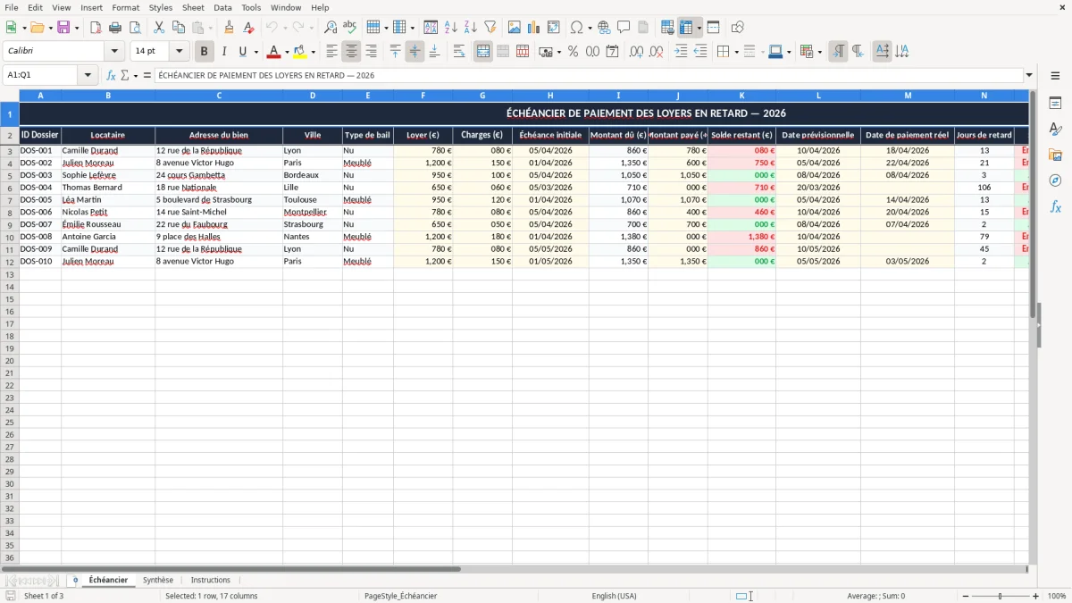 Capture 1 : onglet Échéancier - Modèle Excel echeancier de paiement de loyer en retard excel
