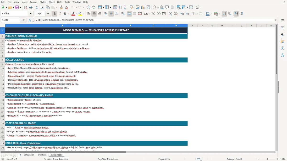 Capture 3 : onglet Instructions - Modèle Excel echeancier de paiement de loyer en retard excel