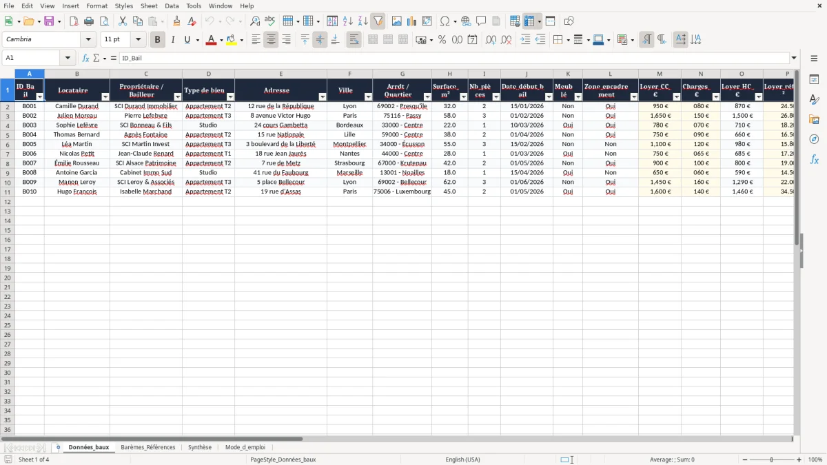 Capture 1 : onglet Données_baux - Modèle Excel encadrement des loyers loyer de reference majore excel
