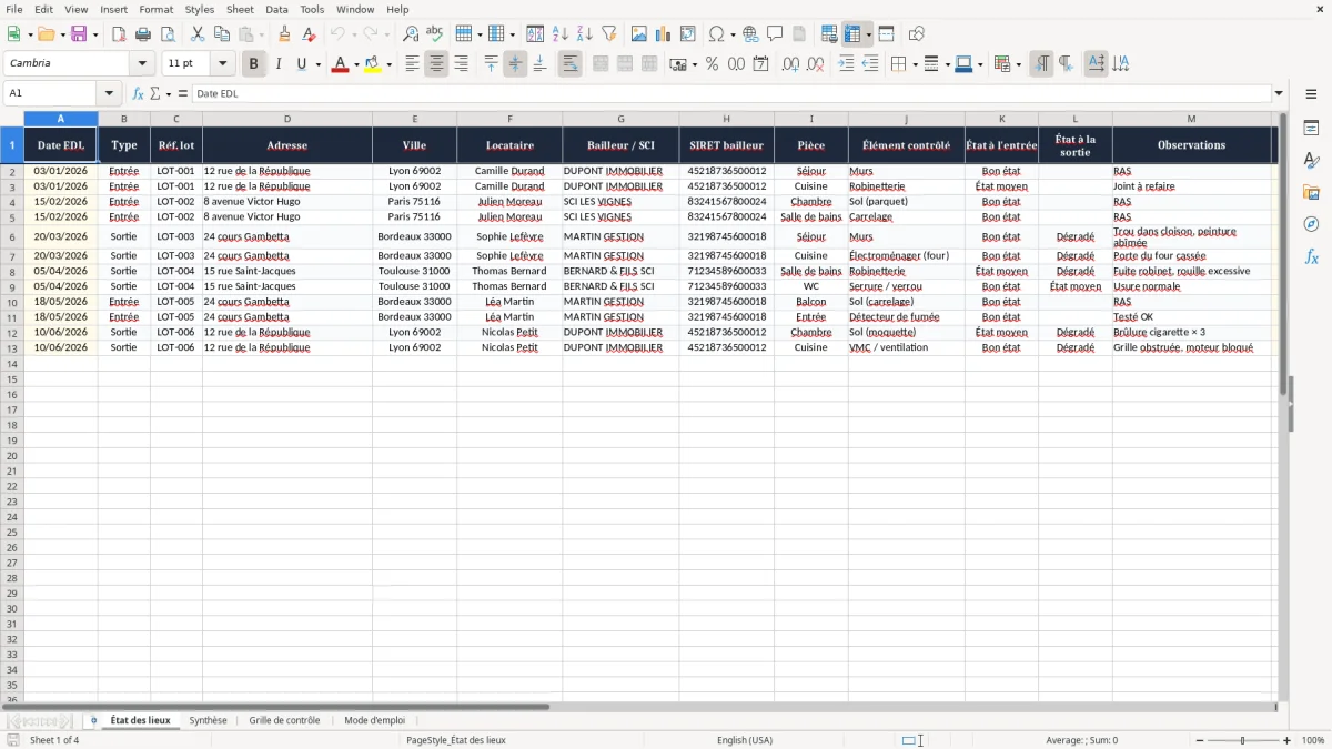 Capture 1 : onglet État des lieux - Modèle Excel etat des lieux d'entree et de sortie excel