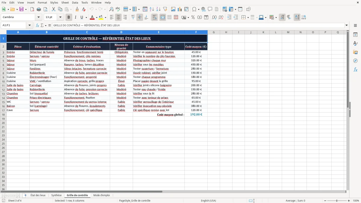Capture 3 : onglet Grille de contrôle - Modèle Excel etat des lieux d'entree et de sortie excel