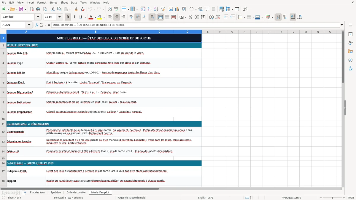 Capture 4 : onglet Mode d'emploi - Modèle Excel etat des lieux d'entree et de sortie excel