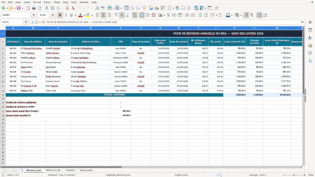 Capture 1 : onglet Révisions_bail - Modèle Excel fiche de revision annuelle du bail excel