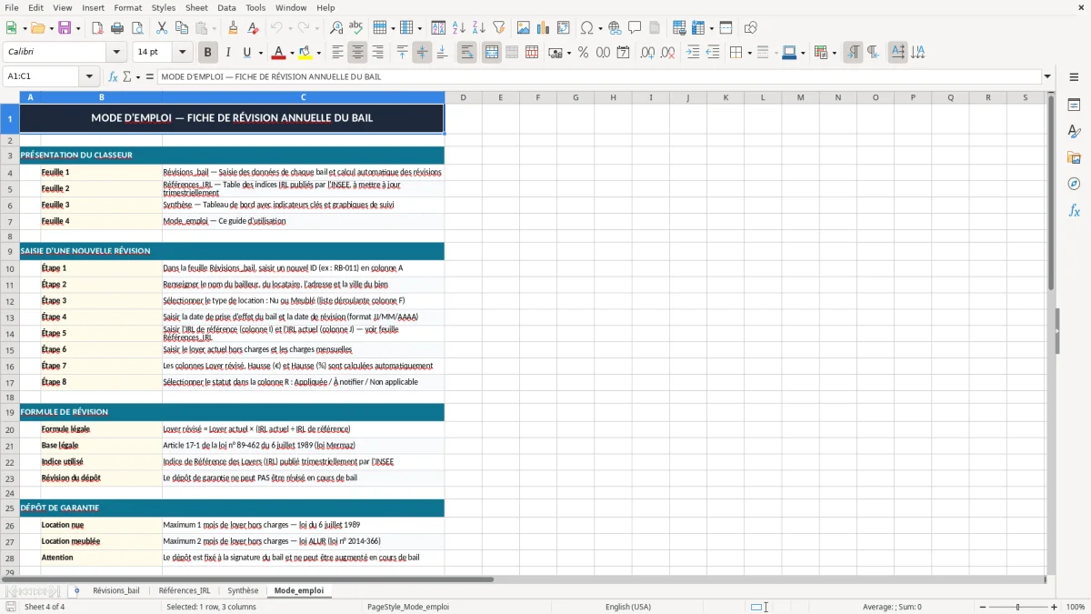 Capture 4 : onglet Mode_emploi - Modèle Excel fiche de revision annuelle du bail excel