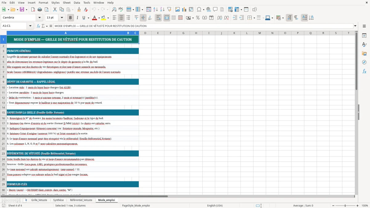Capture 4 : onglet Mode_emploi - Modèle Excel grille de vetuste pour restitution caution excel