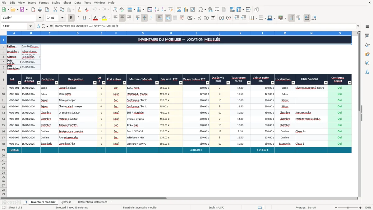 Capture 1 : onglet Inventaire mobilier - Modèle Excel inventaire du mobilier location meublee excel