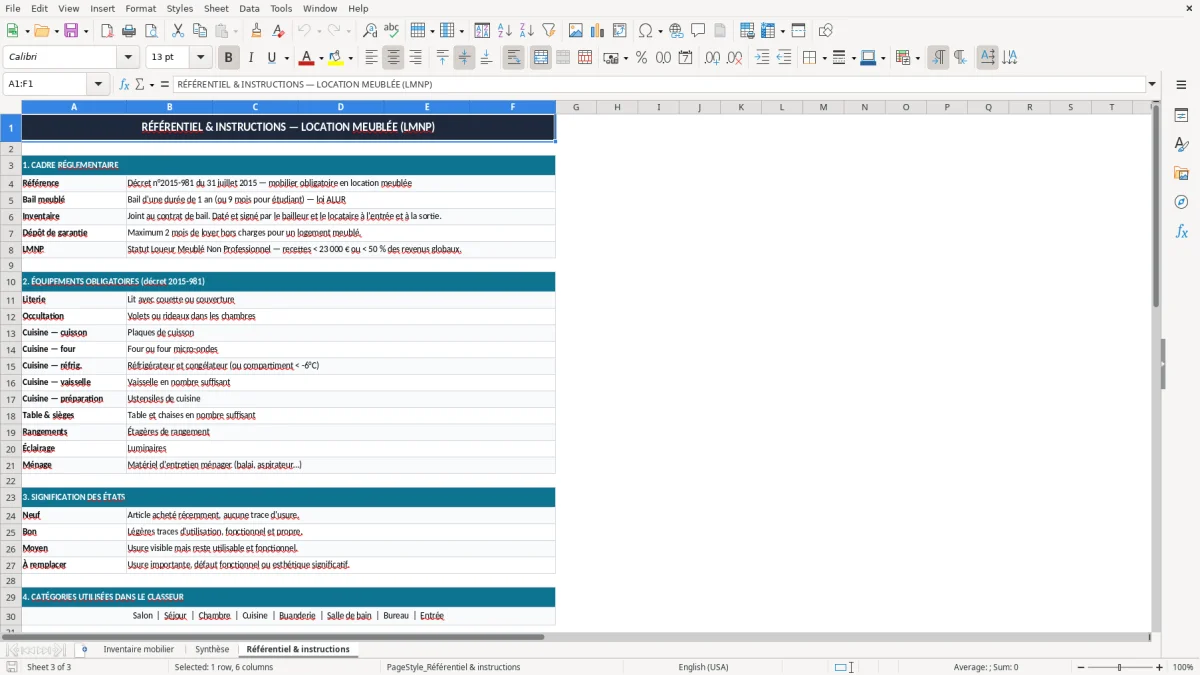 Capture 3 : onglet Référentiel & instructions - Modèle Excel inventaire du mobilier location meublee excel