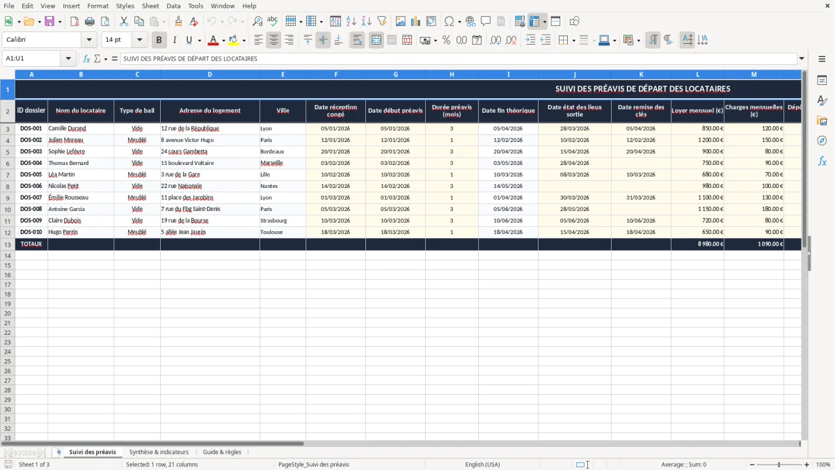 Capture 1 : onglet Suivi des préavis - Modèle Excel preavis de depart du locataire excel