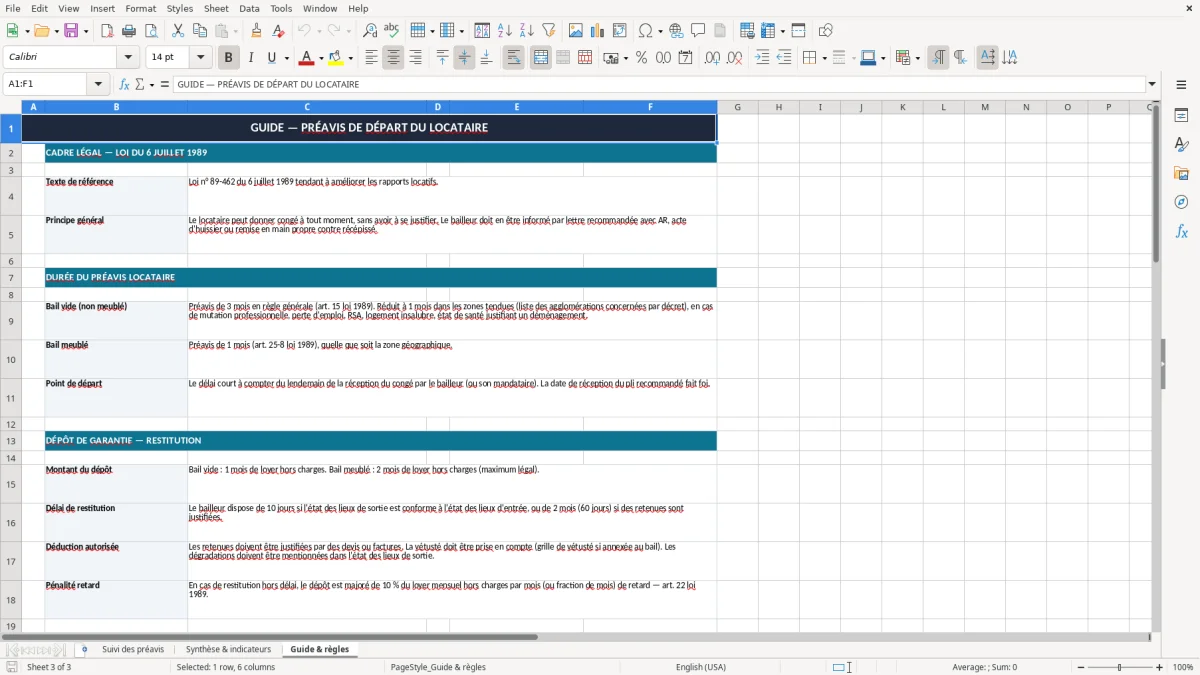 Capture 3 : onglet Guide & règles - Modèle Excel preavis de depart du locataire excel