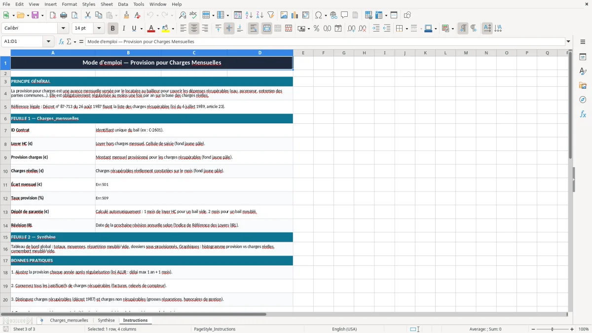Capture 3 : onglet Instructions - Modèle Excel provision pour charges mensuelles locataire excel