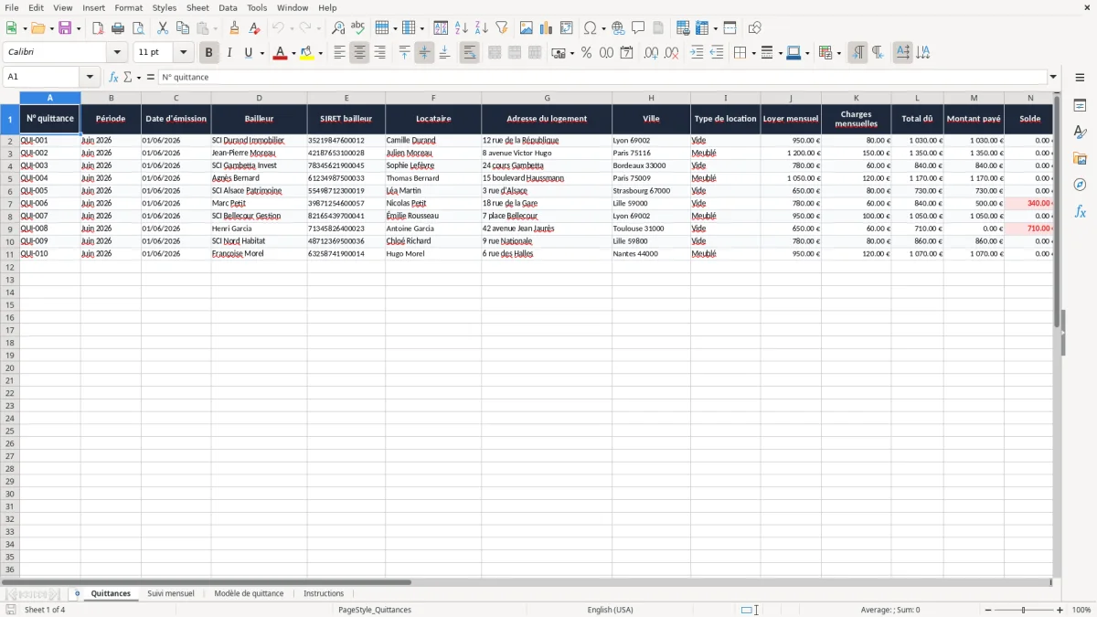 Capture 1 : onglet Quittances - Modèle Excel quittance de loyer mensuelle a remplir excel