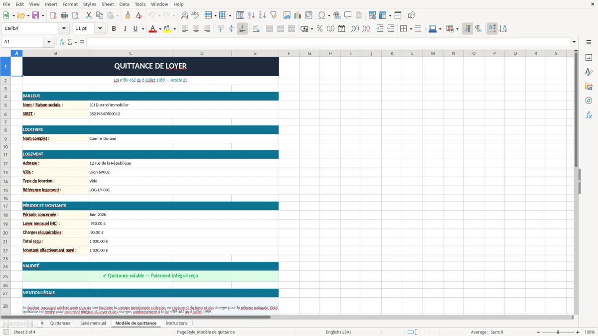 Capture 3 : onglet Modèle de quittance - Modèle Excel quittance de loyer mensuelle a remplir excel