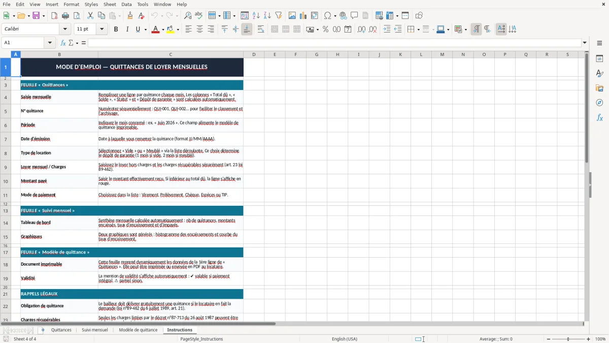 Capture 4 : onglet Instructions - Modèle Excel quittance de loyer mensuelle a remplir excel
