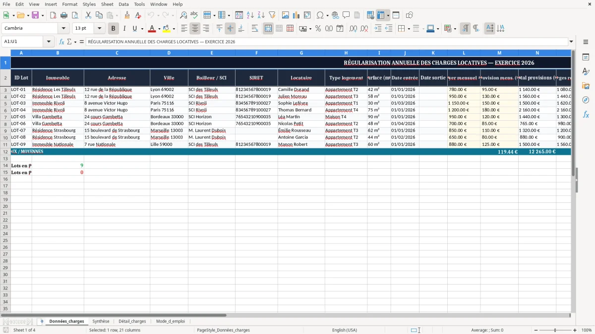 Capture 1 : onglet Données_charges - Modèle Excel regularisation annuelle des charges locatives excel