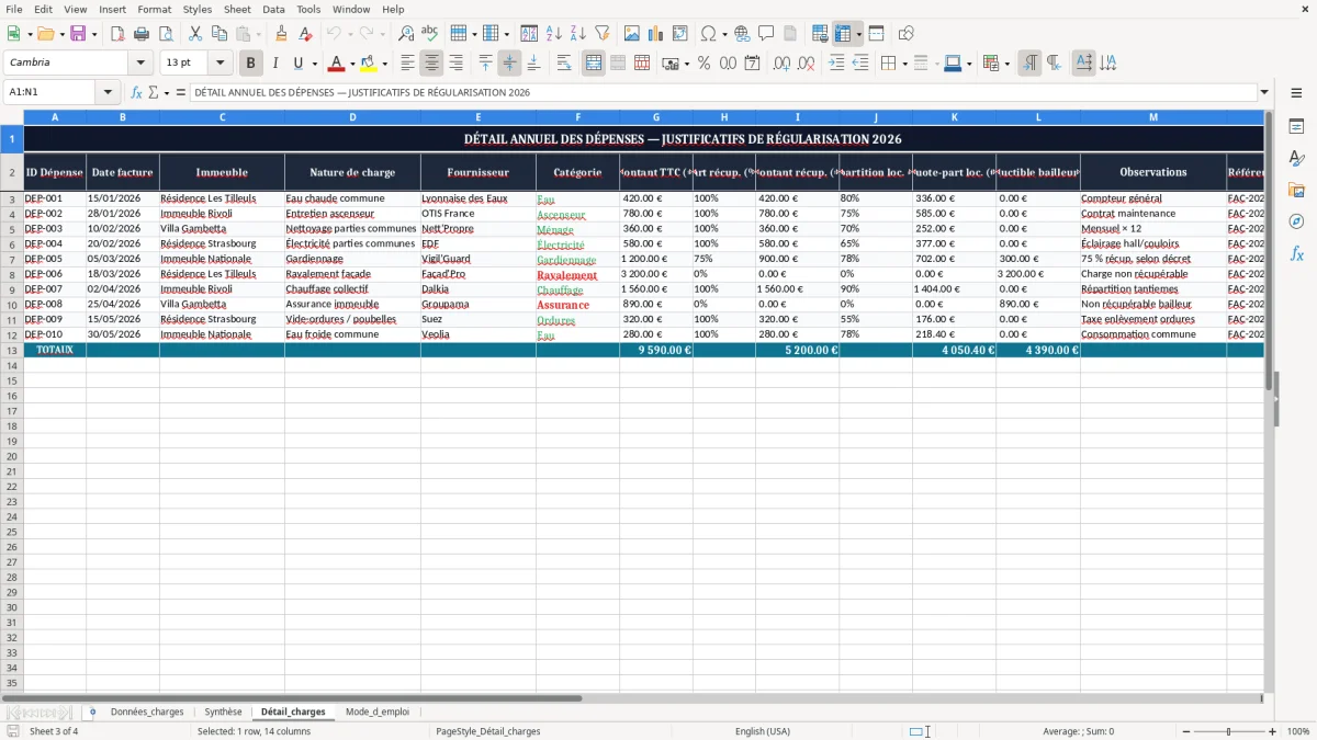 Capture 3 : onglet Détail_charges - Modèle Excel regularisation annuelle des charges locatives excel