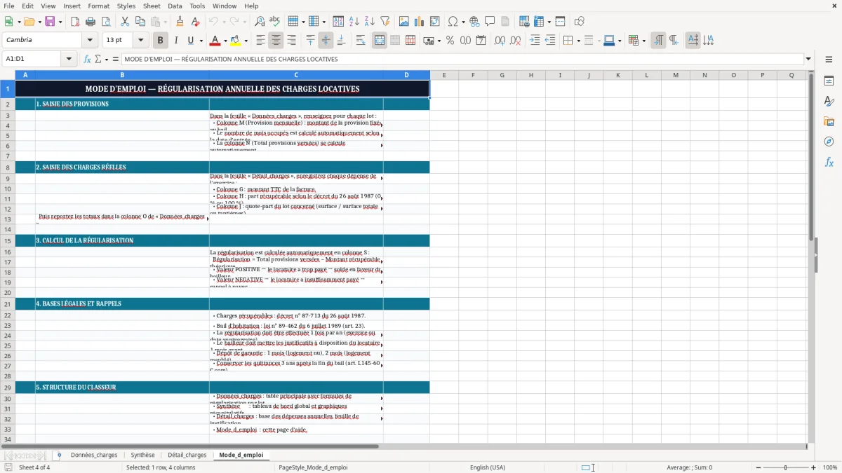 Capture 4 : onglet Mode_d_emploi - Modèle Excel regularisation annuelle des charges locatives excel