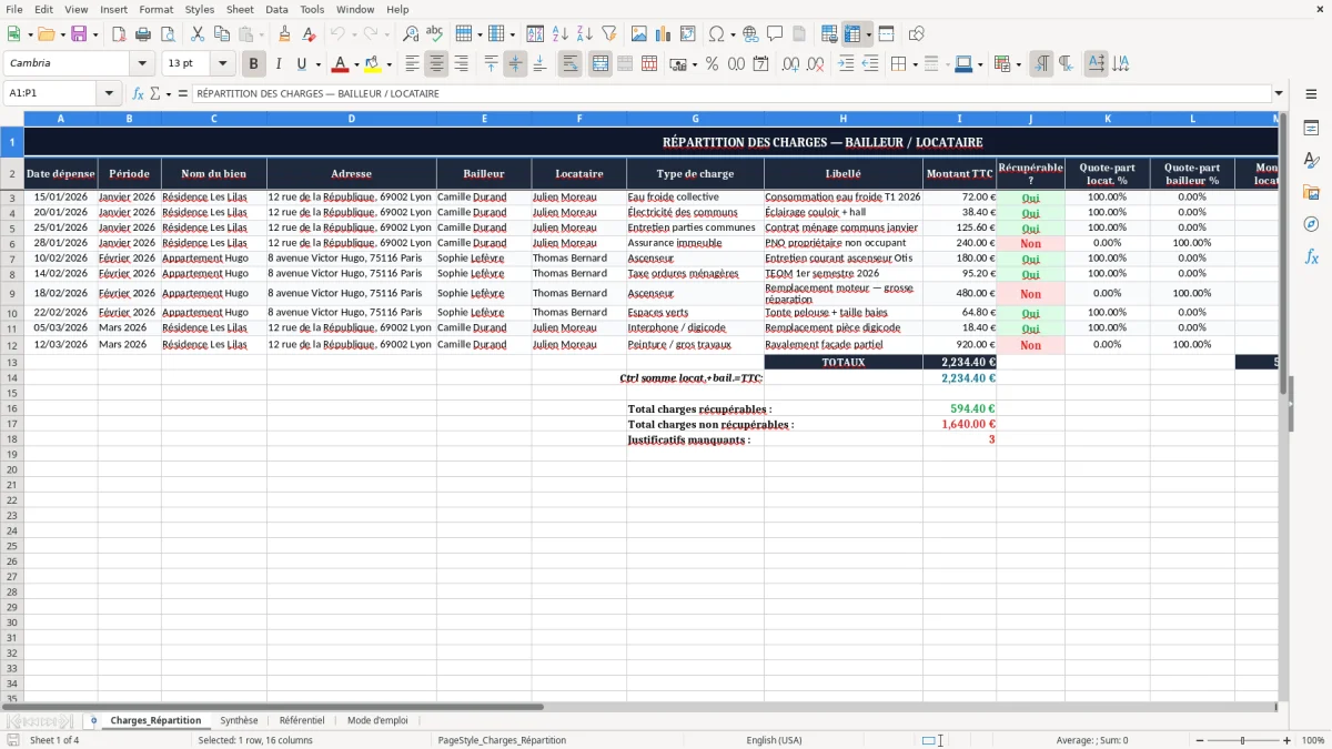 Capture 1 : onglet Charges_Répartition - Modèle Excel repartition des charges entre bailleur et locataire excel