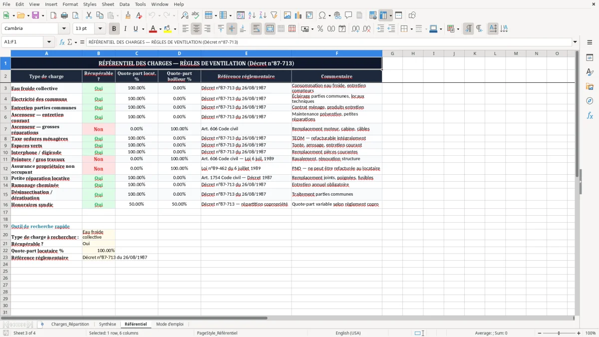 Capture 3 : onglet Référentiel - Modèle Excel repartition des charges entre bailleur et locataire excel