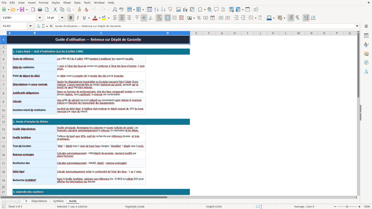 Capture 3 : onglet Guide - Modèle Excel retenue sur depot de garantie pour degradations excel