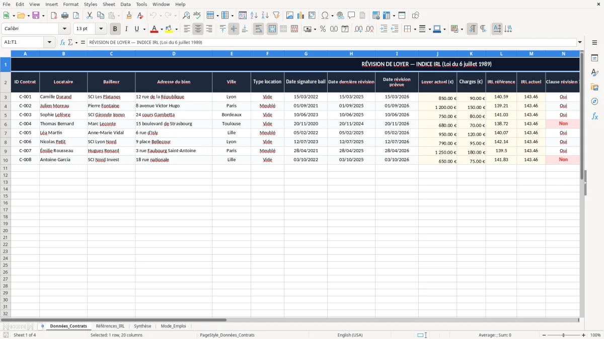 Capture 1 : onglet Données_Contrats - Modèle Excel revision de loyer indice irl excel