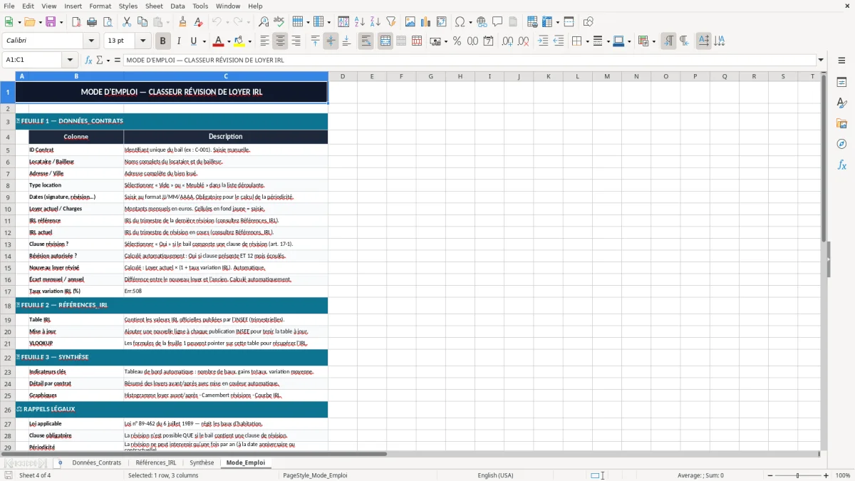 Capture 4 : onglet Mode_Emploi - Modèle Excel revision de loyer indice irl excel