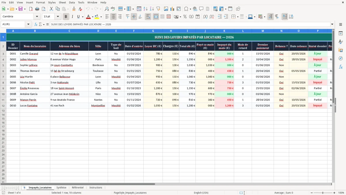 Capture 1 : onglet Impayés_Locataires - Modèle Excel suivi des loyers impayes par locataire excel