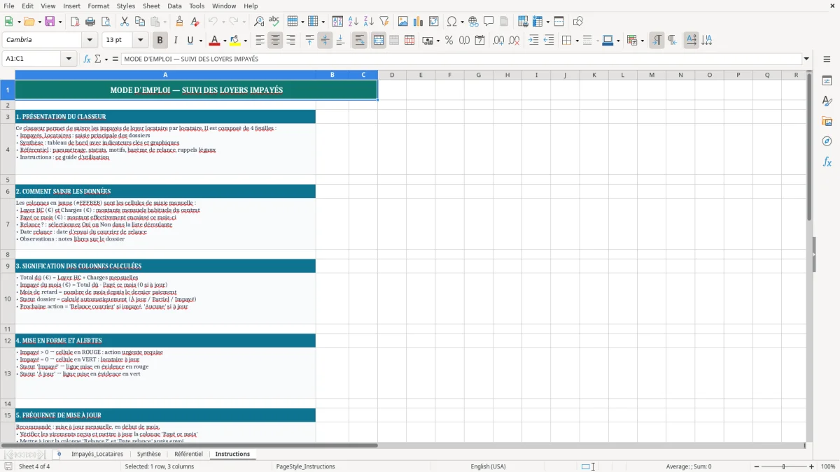 Capture 4 : onglet Instructions - Modèle Excel suivi des loyers impayes par locataire excel