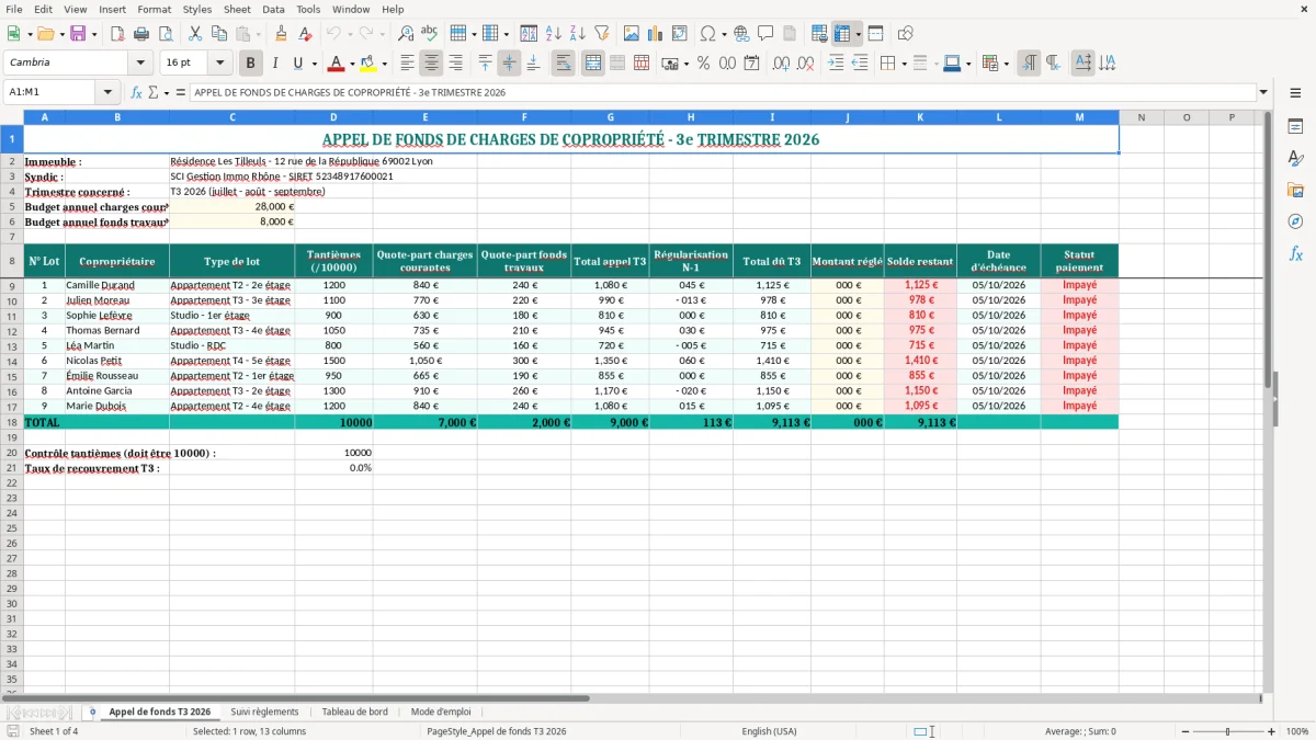 Capture 1 : onglet Appel de fonds T3 2026 - Modèle Excel appel de fonds copropriete trimestriel excel