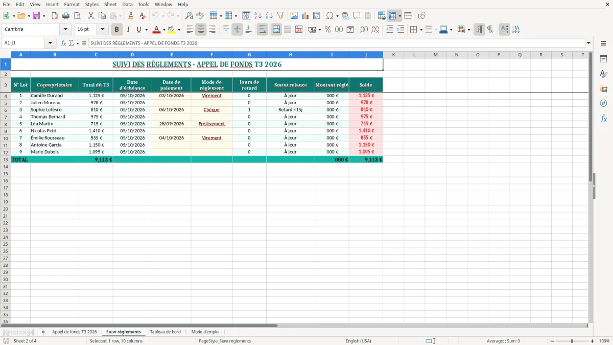 Capture 2 : onglet Suivi règlements - Modèle Excel appel de fonds copropriete trimestriel excel
