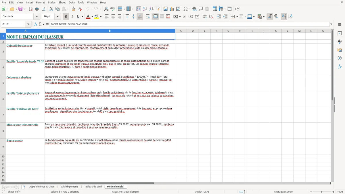 Capture 4 : onglet Mode d'emploi - Modèle Excel appel de fonds copropriete trimestriel excel