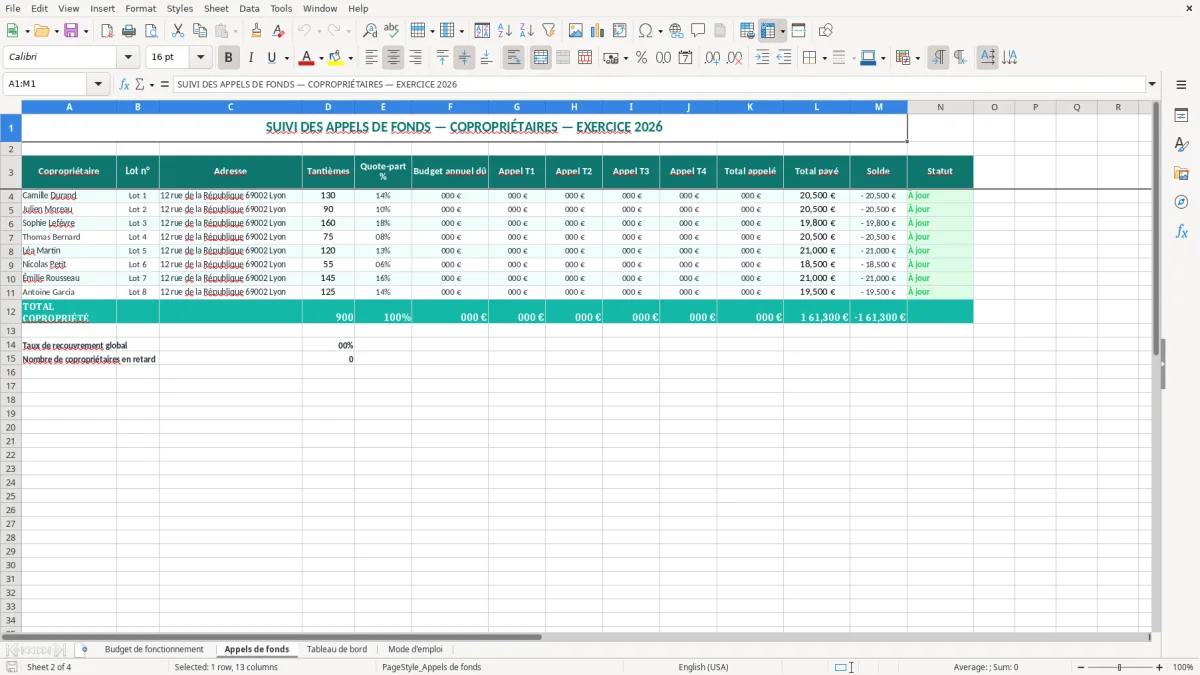 Capture 2 : onglet Appels de fonds - Modèle Excel budget de fonctionnement syndic benevole excel