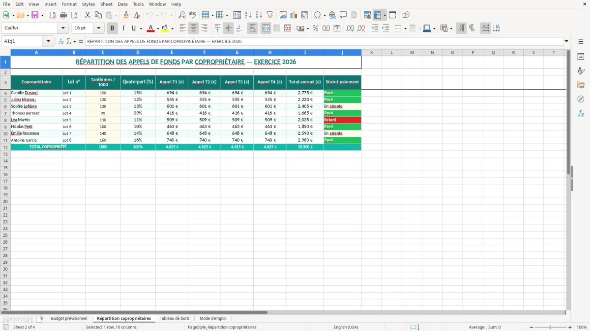Capture 2 : onglet Répartition copropriétaires - Modèle Excel budget previsionnel du syndic benevole excel