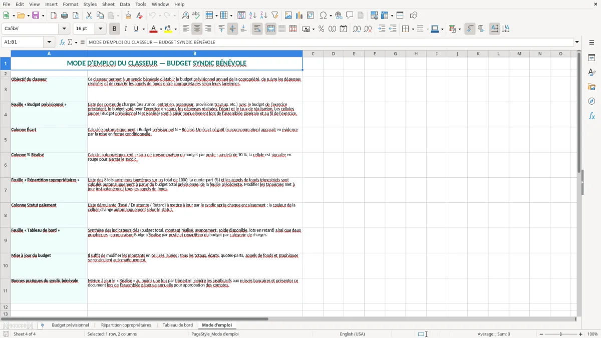 Capture 4 : onglet Mode d'emploi - Modèle Excel budget previsionnel du syndic benevole excel
