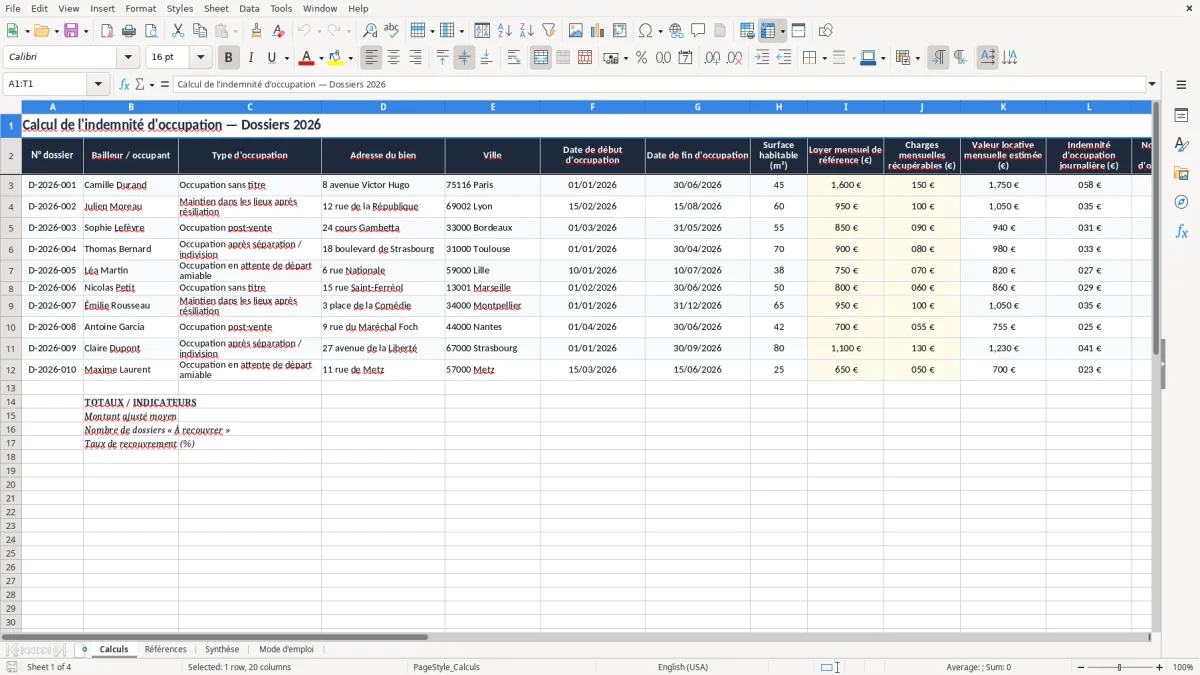 Capture 1 : onglet Calculs - Modèle Excel calcul de l'indemnite d'occupation excel