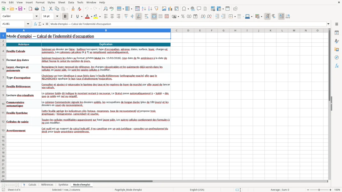 Capture 4 : onglet Mode d'emploi - Modèle Excel calcul de l'indemnite d'occupation excel