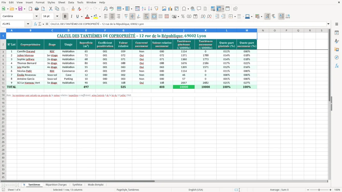 Capture 1 : onglet Tantièmes - Modèle Excel calcul des tantiemes de copropriete excel